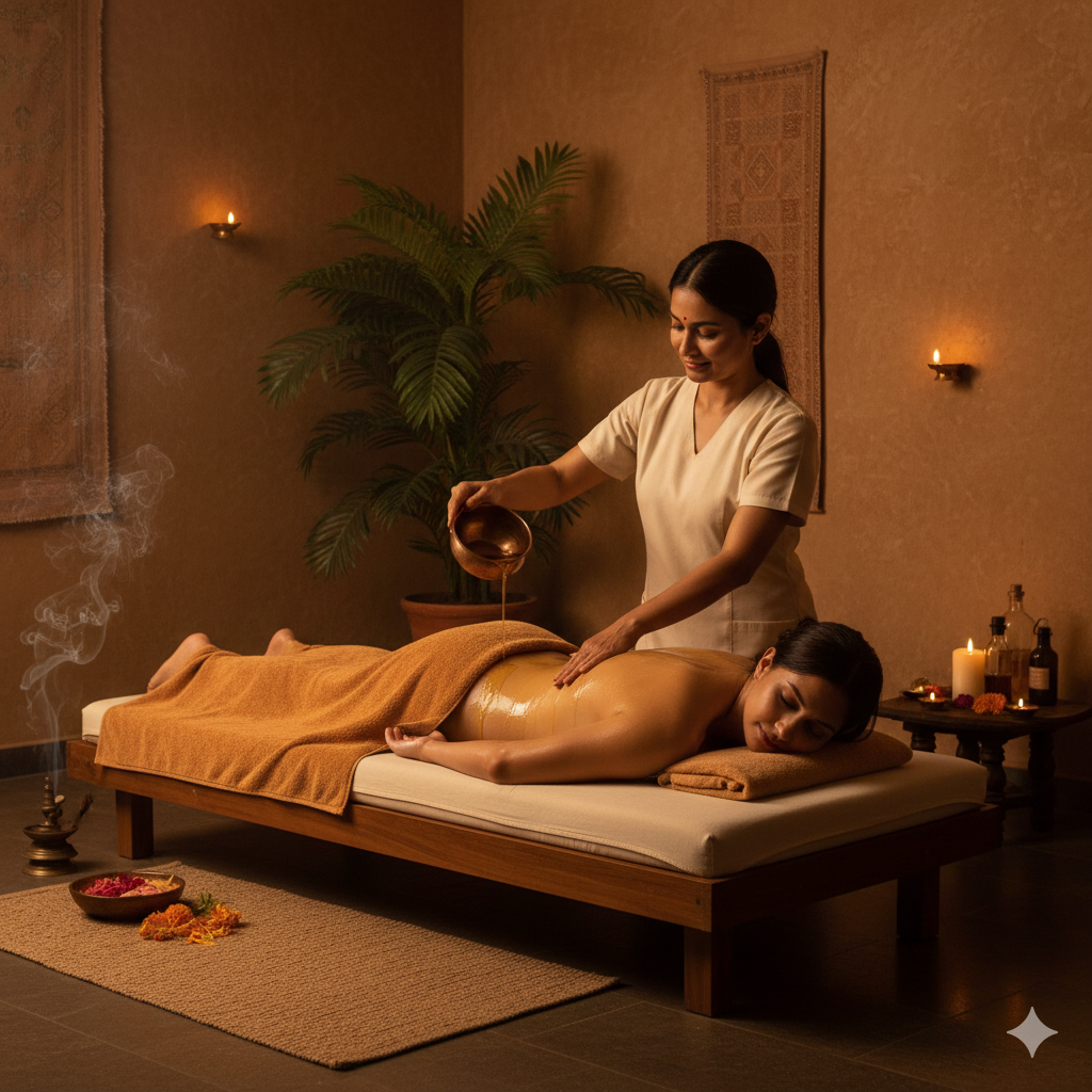 Operatrice Ayurveca versa l'olio sul corpo della cliente.